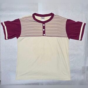 Vintage 90s Huntington Ridge Striped Henley Shirt Maroon M USA Distressed